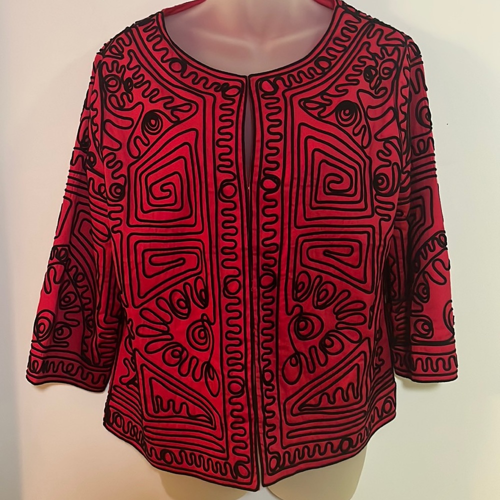 Joni B Vintage Red Black Embroidered Topper Jacket Size M Art to Wear